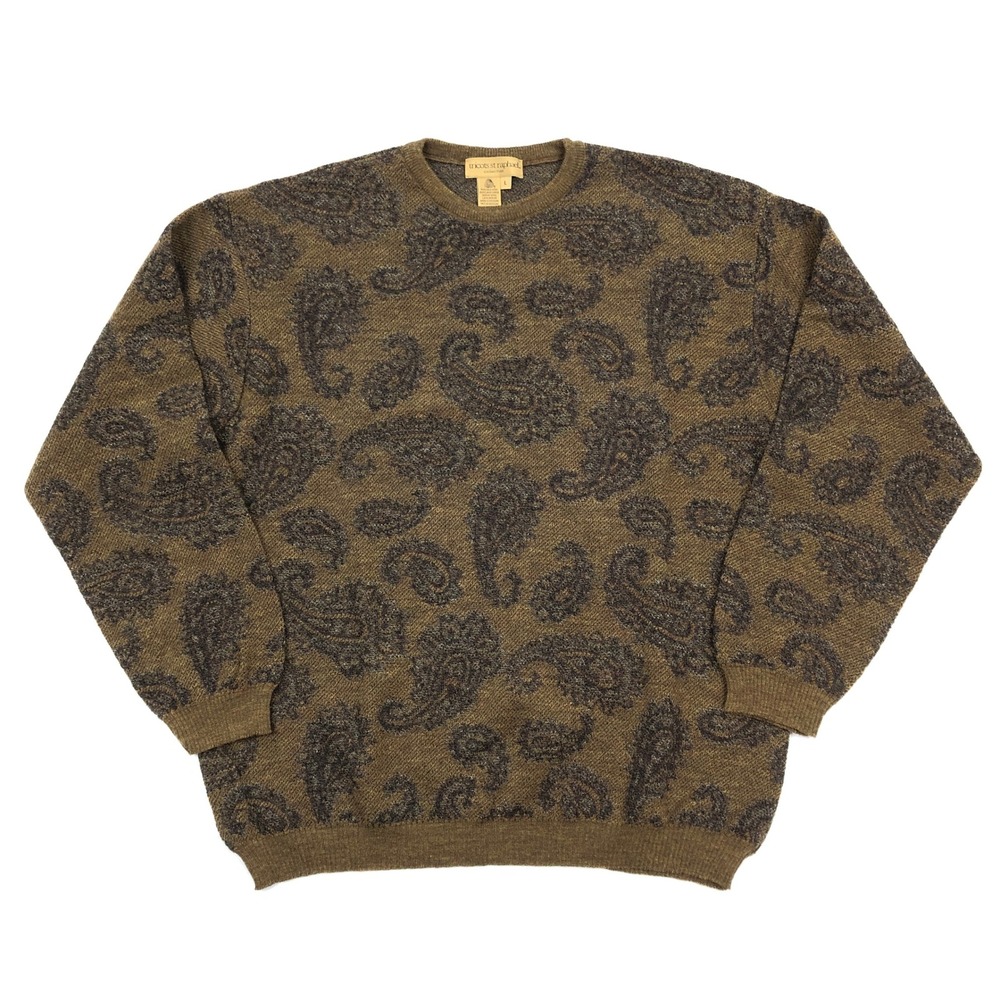 Tricots St Raphael Merino Wool Paisley Sweater Mens Large Yellow Ochre Vintage